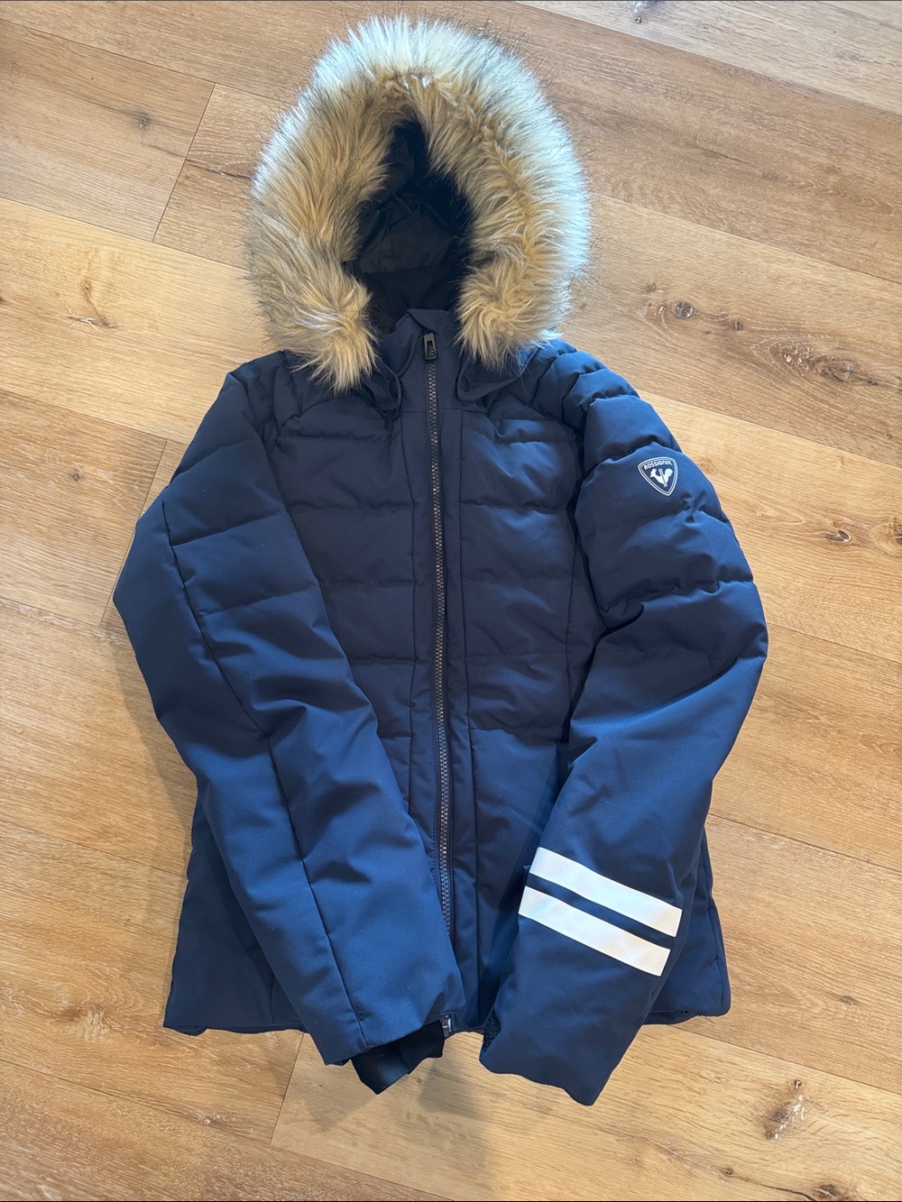 Rossignol Navy Blue Girl’s Puffer Jacket with Faux Fur Hood